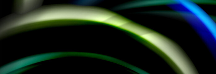 Dynamic motion abstract background. Color blurred stripes on black. Wave liquid lines poster. Vector illustration