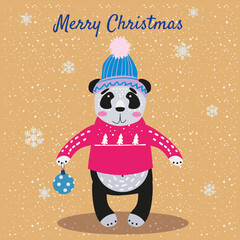 Merry Christmas Cute Panda with hat, sweater and toy, card. Hand drawn character illustration vector isolated poster