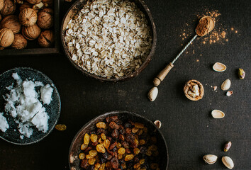 Dried nuts, oats and raisins for baking