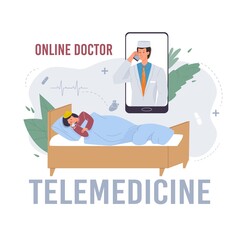 Cartoon flat doctor character in uniform,laboratory coat with medical devices and patient-web online medic treatment and therapy,telemedicine concept