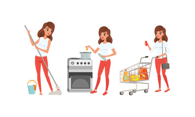 Girl Cleaning Floor with Mop, Cooking in Kitchen, Shopping in Supermarket Set, Young Woman Activity and Daily Routine Cartoon Vector Illustration