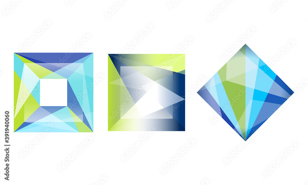 Poster abstract geometric shapes collection, faceted crystal gems of square and triangular shape web design