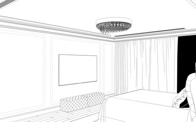 bedroom, contour visualization, 3D illustration, sketch, outline