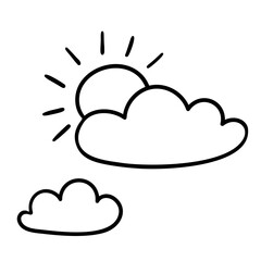 Fluffy clouds and sun silhouettes isolated on white background. Sun and cloud shapes in doodle cartoon style. Hand drawn vector image for cards, stickers, textiles, backgrounds, packaging, design.