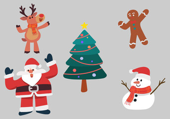 Christmas characters, Christmas Tree, Santa Claus, Reindeer Snowman, Cookie man, Vector design illustration.