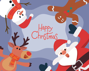 Christmas characters on blue background, Santa Claus, Reindeer Snowman, Cookie man, Vector design illustration.