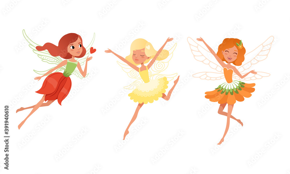 Canvas Prints cute girls fairies with wings set, beautiful girls flying in colorful pretty dresses cartoon vector 