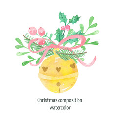 Christmas bells with bows and holly. Merry Christmas and happy New Year. Christmas  greeting card.