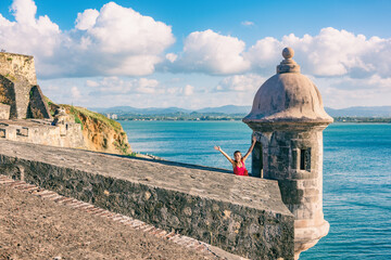 San Juan Puerto Rico travel happy Asian tourist woman excited with open arms in happiness at watch...