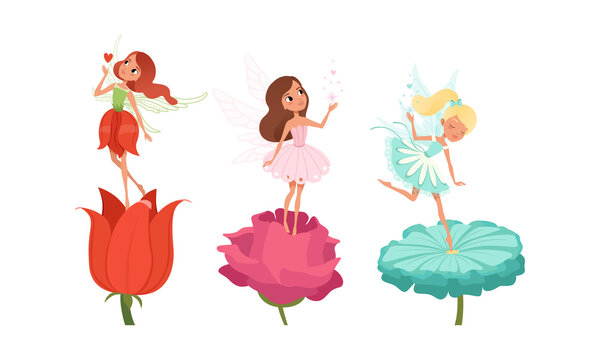 Beautiful Fairy Girls with Wings on Flowers Set, Beautiful Girls Dancing in Pretty Flower Dresses Cartoon Vector Illustration