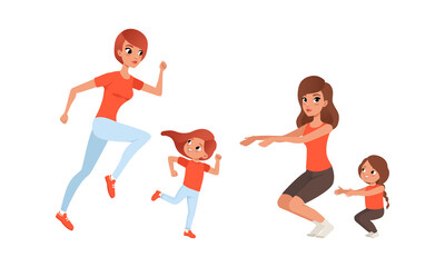 Mother and their Daughters Doing Sports Together, Cheerful Women and Girls Running and Doing Squats Cartoon Vector Illustration