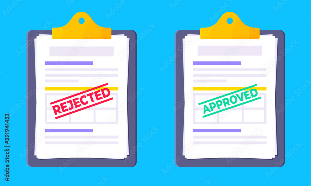 Poster rejected and approved credit or loan forms set with clipboard and claim form on it, paper sheets iso