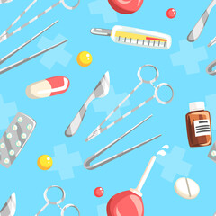 Medical Supplies and Equipment Seamless Pattern, Medical Tools Therapy and Treatment Symbols Textile, Wallpaper, Background Design Cartoon Vector Illustration