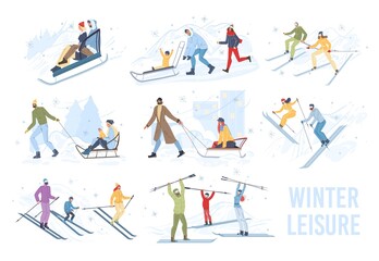 Set of flat cartoon family characters doing winter outdoor sport activities,skiing and sledging in snow,merry christmas,happy New Year holiday concept