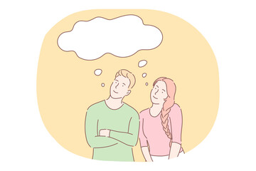 Thinking, ideas, thought, imagination concept. Young smiling couple cartoon characters standing and thinking about common things in imagination with white cloud above vector illustration 