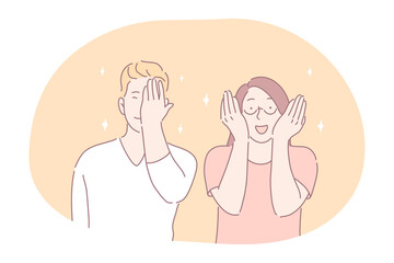 Flirting, embarrassment in couple concept. Young smiling girl and boy cartoon characters teens covering eyes and face with hands feeling positive embarrassment during communication and dating 