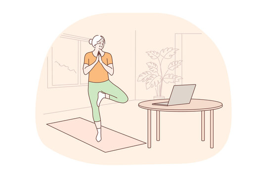 Sport, pilates, training concept. Woman senior citizen doing workout aerobic yoga body exercises watching online tutorial lesson on laptop. Stay healthy on quarantine at home vector illustration.