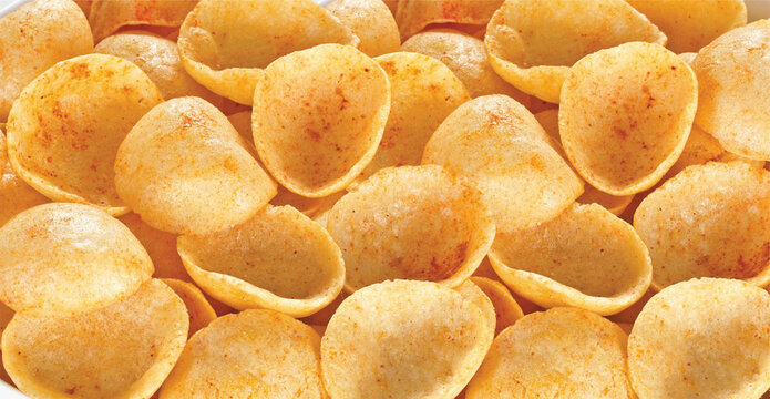 Crispy and crunchy Salty wheat cup & Katori, vatka, moon chips, vatki, fryums or frymus, snack food, Indian Pouch Packing Street Food, selective focus - Image