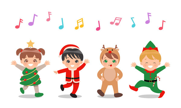 Cute children in Christmas costumes singing and dancing together. Flat vector clip art isolated on white