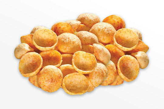 Crispy and crunchy Salty wheat cup & Katori, vatka, moon chips, vatki, fryums or frymus, snack food, Indian Pouch Packing Street Food, selective focus - Image