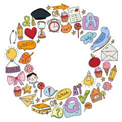 Back to school. Vector illustration with icons about education. English learning. Online internet courses.