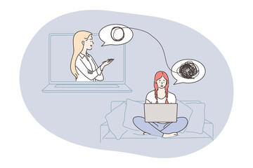 Psychology, depression, anxiety concept. Doctor making psychological consultation for depressed frustrated patient with mental stress online. Wireless therapy support and healthcare illustration.