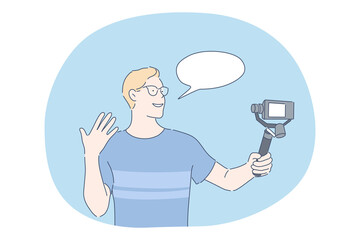 Blogging, blogging, sharing video content online concept. Teen boy cartoon character standing with smartphone camera on tripod and recording video for sharing in online blog for audience 