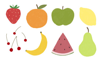 Set of fruits raster illustration with paper texture. Hand-drawn, digital illustration.