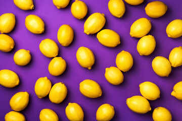 Immune system booster. Fresh lemons pattern on violet background. Copy space. Top view. Flat lay. Citrus fruits. Vitamins for health. Liposomal vitamin C. Lemon for vegan, vegetarian alkaline diet