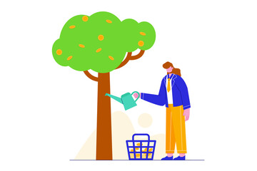 Women give water to the money plant. Growing business and saving money concept illustration.