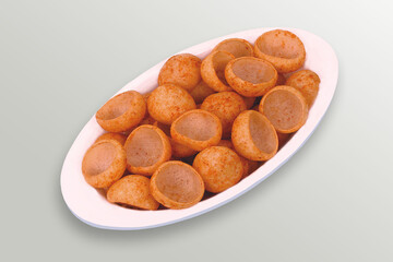 Crispy and crunchy Salty wheat cup & Katori, vatka, moon chips, vatki, fryums or frymus, snack food, Indian Pouch Packing Street Food, selective focus - Image
