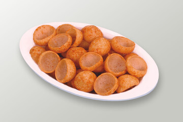 Crispy and crunchy Salty wheat cup & Katori, vatka, moon chips, vatki, fryums or frymus, snack food, Indian Pouch Packing Street Food, selective focus - Image