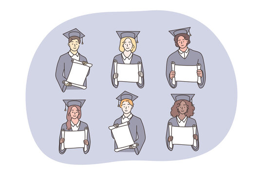 Studentship, graduation, diploma set concept. Multiethnic african american chinese boys girls students in academic caps gowns graduate from university. Multiracial people with banners illustration.