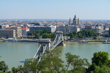 Budapest cityscape with Chain Bridge in front over Danube river and Szent István Bazilika in the background