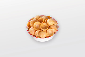 Crispy and crunchy Salty wheat cup & Katori, vatka, moon chips, vatki, fryums or frymus, snack food, Indian Pouch Packing Street Food, selective focus - Image