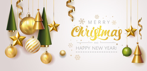 Merry Christmas and Happy New Year Holiday white banner illustration. Xmas design with realistic vector 3d objects, christmas tree, golden Christmas ball, snowflake, glitter gold confetti. Vector.