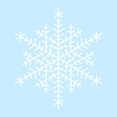 White vector snowflake on blue background. Simple flat snowflake icon. Vector illustration for Christmas and New Year