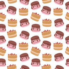 Seamless pattern with hand drawn birthday cakes on a white background. Doodle, simple illustration. It can be used for decoration of textile, paper.