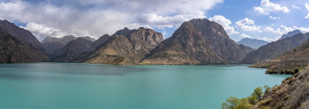 Panoramic view of lake Iskanderkul in the Fann mountains of Tajikistan