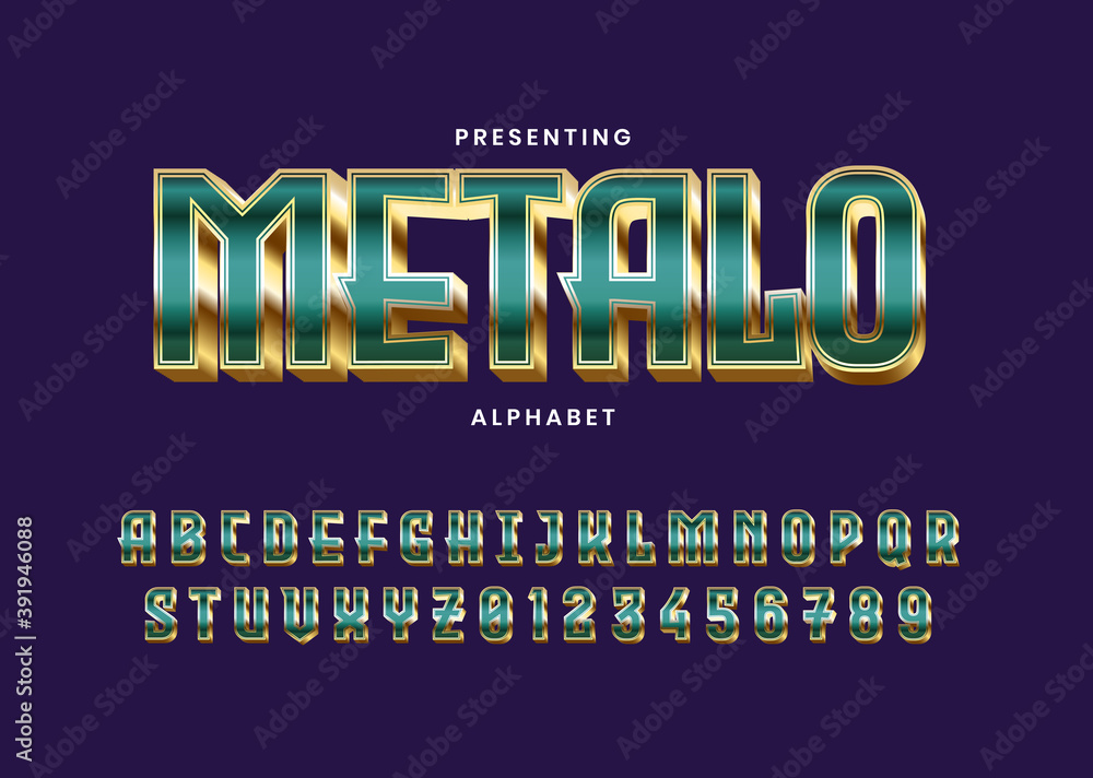 Poster metalo game title text effect font alphabet. 3d green metallic custom typeface