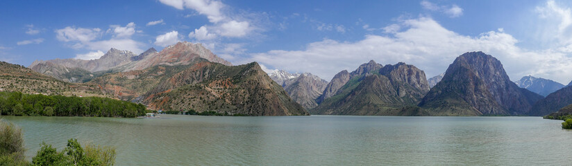 Scenic landscape panorama of landmark Iskanderkul lake in the Fann mountains, Sughd, Tajikistan