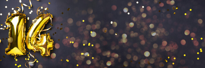 Gold foil balloon number, digit fourteen. Birthday greeting card, inscription 14. Anniversary...