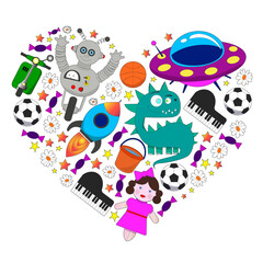 Vector pattern with toys for kids. Car, ufo, alien, airplane, teddy bear.