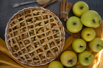 Beautiful decorated apple pie. Holiday menu ideas. Classic apple pie receipt. 
