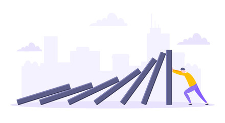 Domino effect or business resilience metaphor vector illustration. Adult young man pushing falling domino line business concept of problem solving.