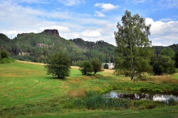 Fototapeta premium Jetrichovice Rocks are a tourist attraction for short or long walks in nature with beautiful views over the area from the top. Bohemian Switzerland, Czech Republic.