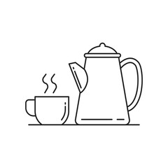 Cup of coffee and kettle line art vector illustration isolated on white background. Coffee linear icon 