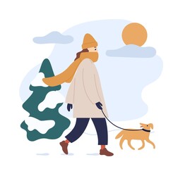Woman in warm clothes walking dog in snowy winter park isolated on white. Young female character with funny domestic animal outdoors in sunny cold weather. Vector illustration in flat cartoon style