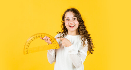 math. exact sciences. girl with protractor and triangle ruler. back to school. Geometry favorite...