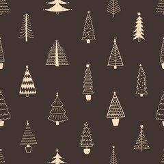 Seamless pattern with simple minimalist christmas trees decorated with stars and garlands. Doodle holiday fir for wrapping paper. Endless background with festive spruce. Flat vector illustration